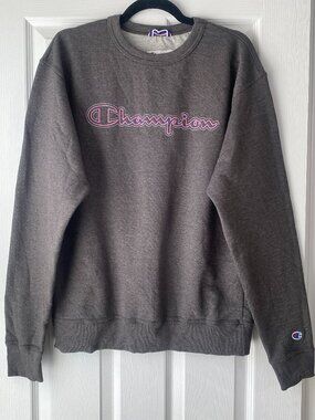 Champion | Gray Crewneck SweatShirt with Pink Embroidered Logo | Size M